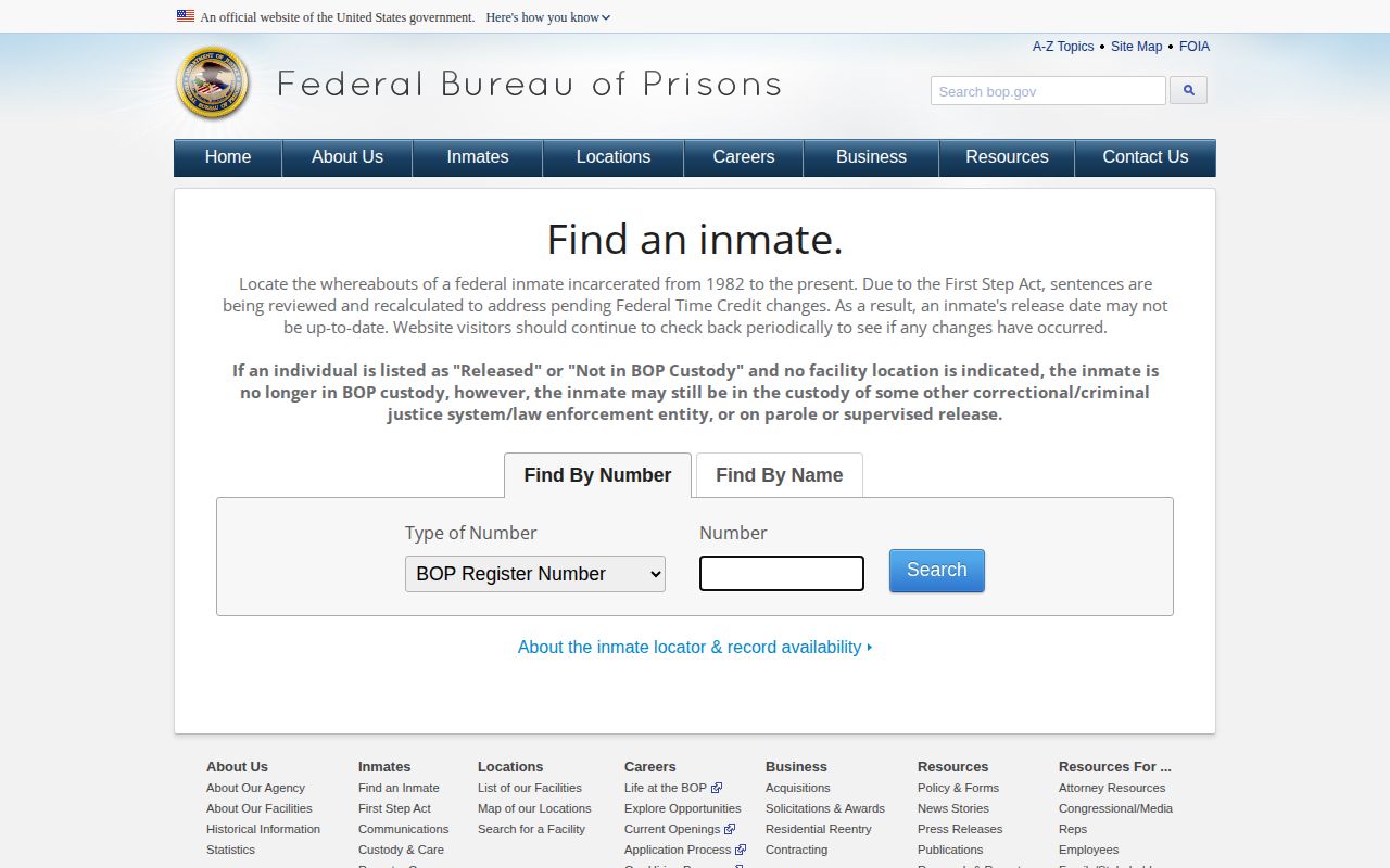 Federal Bureau of Prisons locator separate from Clarke County booking records