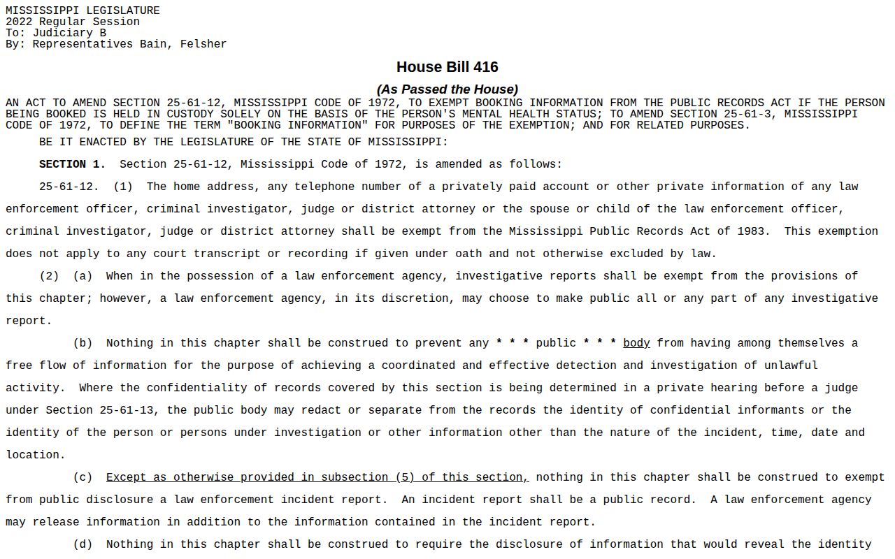 Mississippi HB 416 booking information and Clarke County jail docket records source